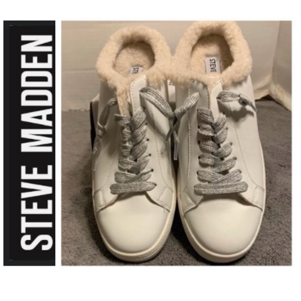🎿 STEVE MADDEN Alka White Leather Fuzzy Sneaker NWOB 7.5